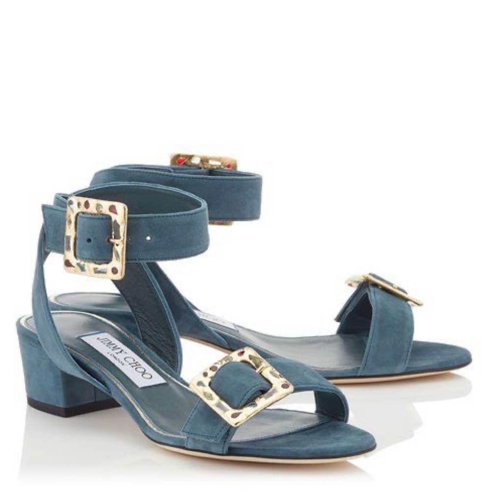 NEW/UNUSED Jimmy Choo Dacha 35 Dusk Blue Suede Sandals With Jewelled Buckle